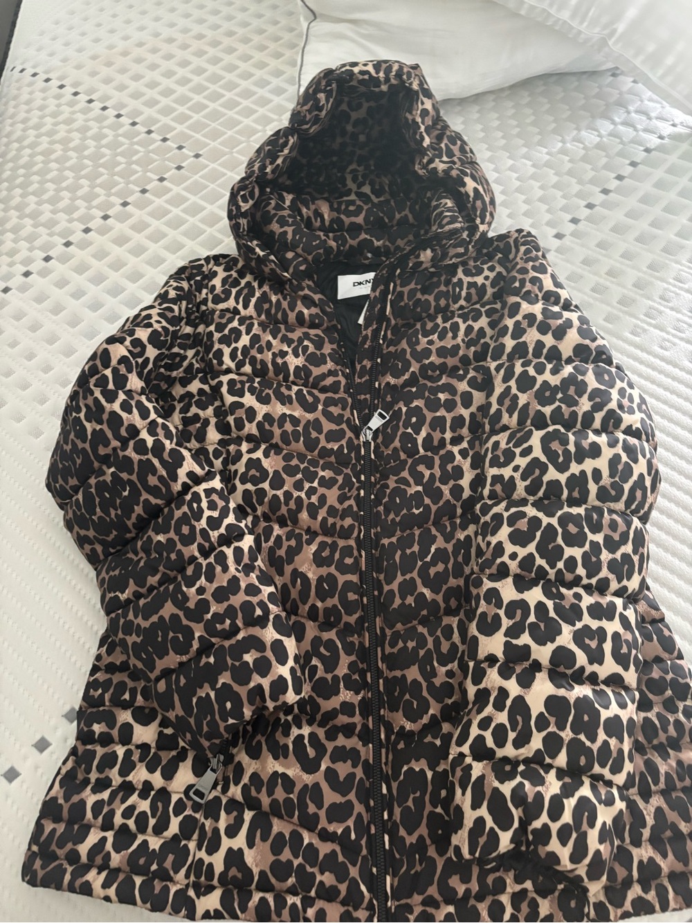 DKNY women’s Leopard Print Puffer Jacket in Brown
